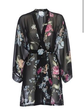 Helena Quinn Black Sheer Floral Kimono Robe Cardigan Pink Blue Blooms One Size